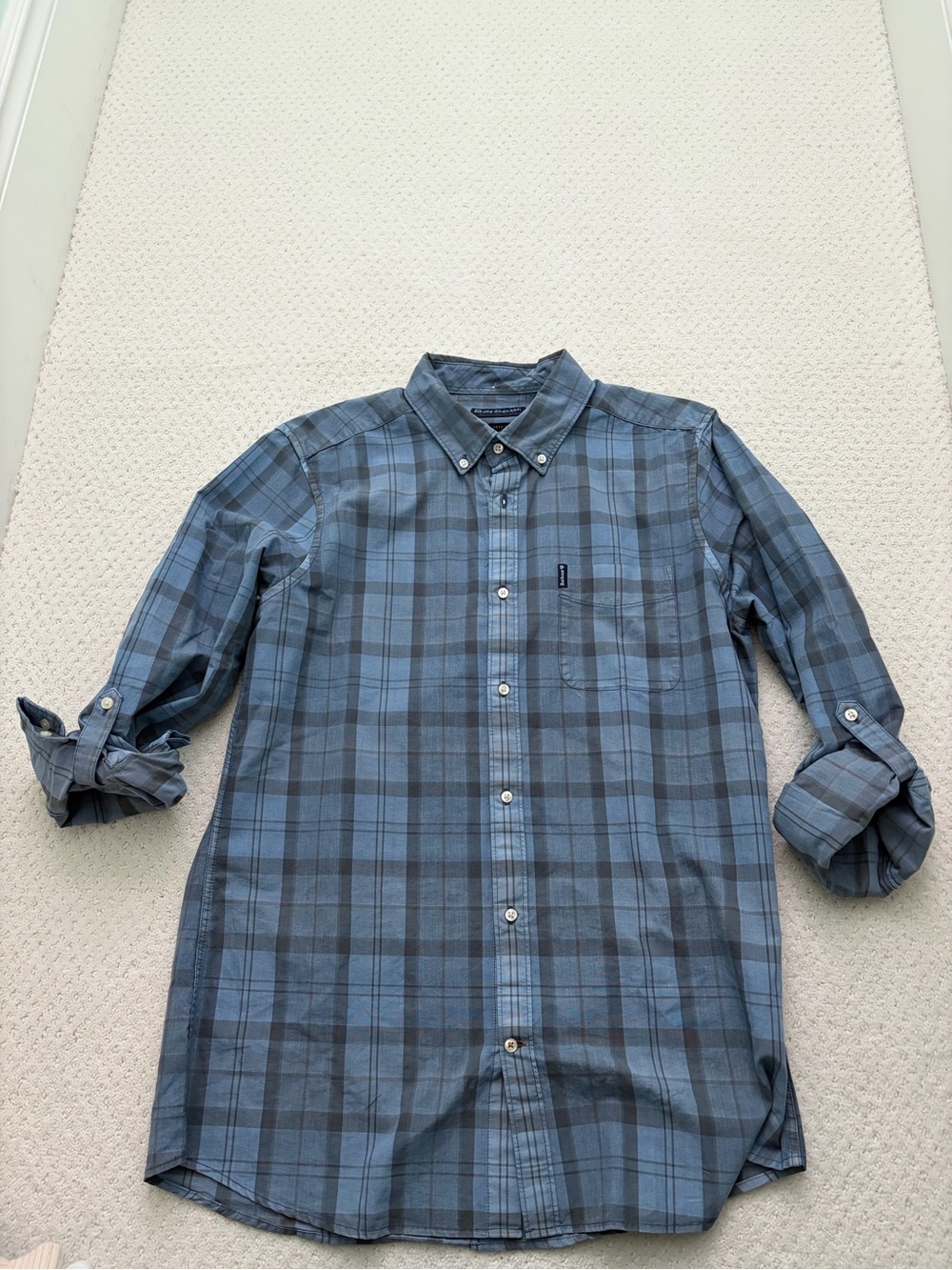 Barbour Blue and Gray Plaid Button-Down Roll Tab Sleeves Shirt Men’s